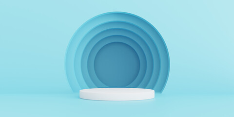 3D Rendering. Abstract blue composition on podium. Minimal Studio with round stand and copy space. Futuristic interior background for landing page, showcase, Product presentation.