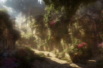 beautiful medieval town covered in flowers dreamy landscape