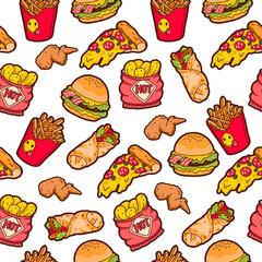 Unhealthy food pattern. Seamless print of junk food, hot dog, sweet donut, french fries. Cartoon burger and tasty pizza. Cafe background, products wrapping paper. Vector texture isolated