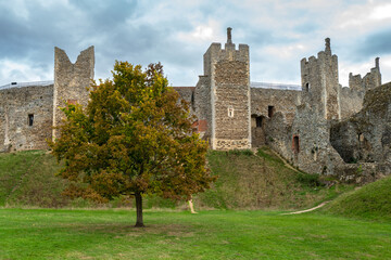 Fototapeta na wymiar Dramatic view of part of a medieval castle showing its detailed stonework structure. A slope leads to a single tree in the moat area.castle,architecture,history,medieval,fortress,ancient,old,famous pl