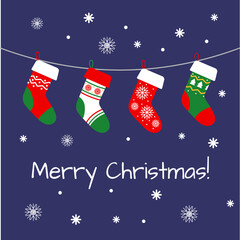 Hanging Xmas socks. Winter gifts. Happy green and red holiday stockings. Merry Christmas celebrations. Santa presents and snowflakes. Festive season decoration. Vector tidy greeting card