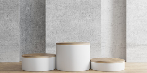 3d rendering realistic. wooden display podium on wooden floor and concrete background.