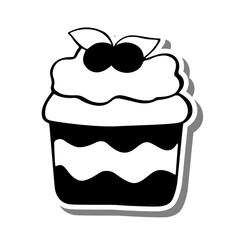Monochrome cupcake with cherry on white silhouette and gray shadow. Vector illustration for decoration or any design.