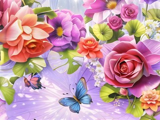 Pink roses background. Butterfly Roses Garden. Beautiful illustration of Rose flowers and butterflies. Background with Rose and butterflies.