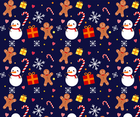2023 Christmas/New year seamless blue pattern with cute winter cozy elements on a dark background, cartoon style.Vector illustration, flat.