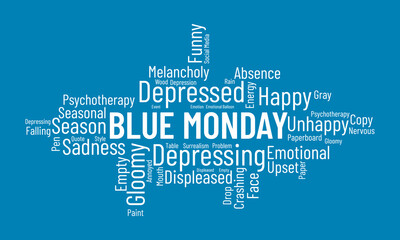 Blue Monday word cloud background. Mental Health awareness Vector illustration design concept.