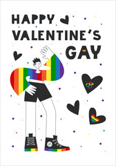 Obraz premium Gay man standing romantic card with rainbow flag. Happy valentines gay quote. LGBT rights and equality, diversity concept. Vector flat illustration.