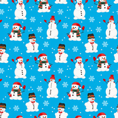 Seamless pattern. A set of funny snowmen on a blue background. Merry Christmas and Happy new year 2023. Vector illustration