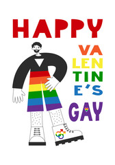 Gay man standing romantic card with rainbow flag. Happy valentines gay quote. LGBT rights and equality, diversity concept. Vector flat illustration.