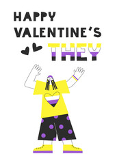 Non binary man standing with enby flag and purple yellow colors card. Happy valentines day quote. Genderqueer equality, diversity and rights concept. Vector flat illustration.