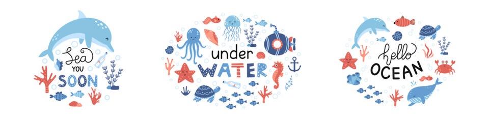 Set of vector illustrations with letterings and sea animals. Cute baby illustrations with phrases for poster, greeting card, banner and flyer. Sea inhabitants and water plants.