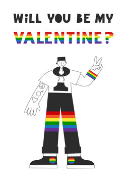 Gay man standing romantic card with rainbow flag. Will you be my Valentine quote. LGBT rights and equality, diversity concept. Vector flat illustration.