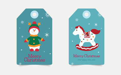 Set of Christmas labels with cute snowman and horse. hand-drawn
