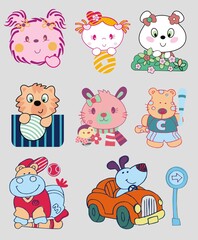Set of illustrations of pets, animals, background with drawings of animals, little cat, car. rabbit, 