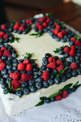 square raspberry and blueberry pie. big cheesecake birthday cake.