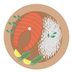 Illustration of a bowl of salmon and rice, top view. Vector stock illustration for fast food restaurant menu with healthy, bio, organic dishes.