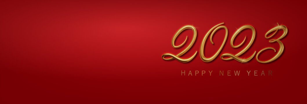 Happy new year 2023. Golden numbers with golden Christmas decoration and confetti on red background. 2023 Holiday greeting card design.