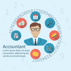 Accountant, businessman. Set icons flat design. Concept of accounting and calculation. Vector illustration. Man working with finances, reports, statistical, analysis, calculation of profit, income.