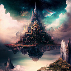 Dreamlike castle in space, clouds and planets, supernatural dimension, spirituality and religious belief, generative ai