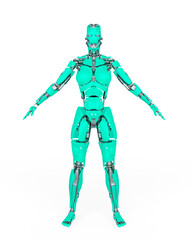 cyborg girl is doing an a pose on white background