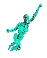 cyborg girl is flying up super fast on white background