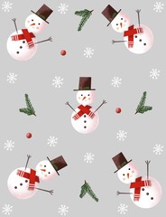Christmas seamless pattern with snowman in gray colors, digital drawing.