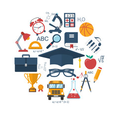 Education and learning concepts. Abstract circle with signs and elements of school subjects. Flat design, vector illustration. Education background.