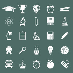 Education icons white on black background. Elements and objects education, training of teaching. University and school. Science icon. Vector illustration.