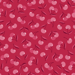 Seamless pattern of red cherries  in color Viva Magenta