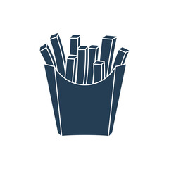 French fries in paper box, black icon isolated on white background. Vector illustration, flat design. Fast food icon.
