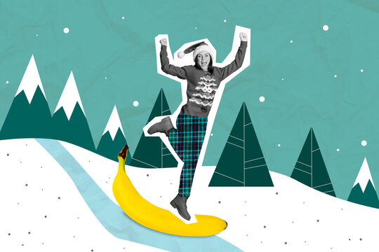 Creative photo collage illustration of positive funny good mood cheerful girl skating on yellow banana forest mountains on background
