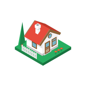 Isometric House On Green Ground Isolated On White Background. Around The House Fence, Flowers, Tree. Small Suburban Cottage. Home Property, Construction Concept. Vector Illustration Flat Design.