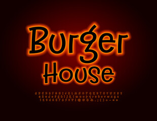 Vector glowing emblem Burger House. Bright handwritten Font. Electric Alphabet Letters and Numbers