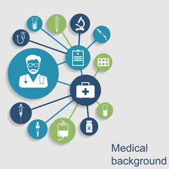 Medical concept background. Icons of medical equipment, doctor, diagnostics and medicine. Abstract medicine background. Illustration.