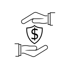 Protection money minimal icon black line. Man holding hands over money to protect. Concept of safe and secure investment, insurance. Vector illustration flat design style. Gold coins under shield.