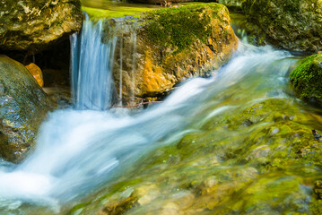 Fototapeta premium closeup small brook flow in mountain canyon