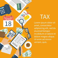Tax payment. Government taxes. State taxes. Data analysis, paperwork, financial research, report. Businessman calculation tax. Calculation of tax return. Flat design. Tax form vector. Payment of debt.