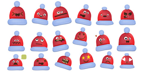 Vector cartoon santa red hat character collection isolated on white background. Childrens Merry Christmas design elements big set with funky hats. Christmas smile, emoji and sticker collection.