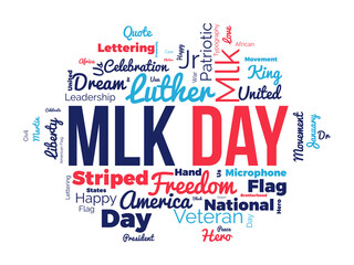 Mlk Day word cloud background. Historical awareness Vector illustration design concept.