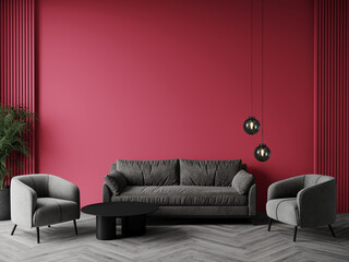 Livingroom in trend viva magenta color 2023 year. A bright wall accent paint background. Crimson, burgundy,  maroon shades of room interior design. Gray dark luxury furniture and lamps. 3d render 