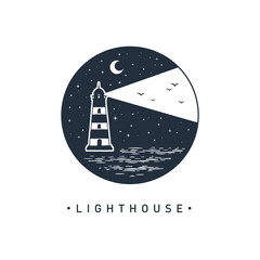 Hand drawn lighthouse at night textured vector illustration. A circle with lighthouse, crescent moon, birds, and "Lighthouse" lettering.