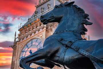 Close up view of the Big Ben clock tower and horse statue monument in the foreground. Amazing...