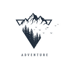 Hand drawn fir trees and mountains textured vector illustrations. Double exposure with pine forest, mountains and birds in a triangle with "Adventure" lettering. Geometric style.