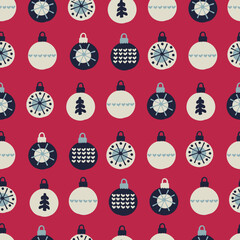 Seamless pattern in Color of The Year, Viva Magenta. Hand drawn baubles decorated with patterns in Scandinavian style. Christmas, New Year, winter holidays concept.