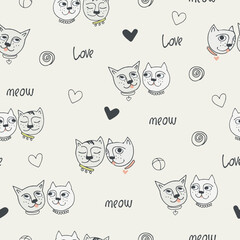 Seamless pattern with funny cat, signature meow and love and hearts. Valentine s day concept. Perfect for kids. Made of vector illustrations in cartoon, sketch style