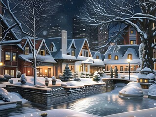 Winter in the city. Traditional house, winter landscape. The house is full of lights. Beautiful pictures of winter landscapes.