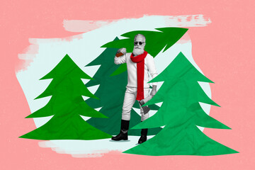 Creative photo collage illustration of positive good mood old stylish lumberjack holding axe fir...