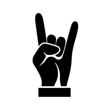 Two fingers up black icon isolated on white background. Gesture hand pictogram. Silhouette symbol peace. Sign pictogram victory. Vector illustration flat design. Symbol Rock and Roll.