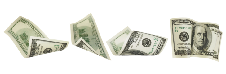 Set of flying hundred dollars banknotes isolated on white, clipping path