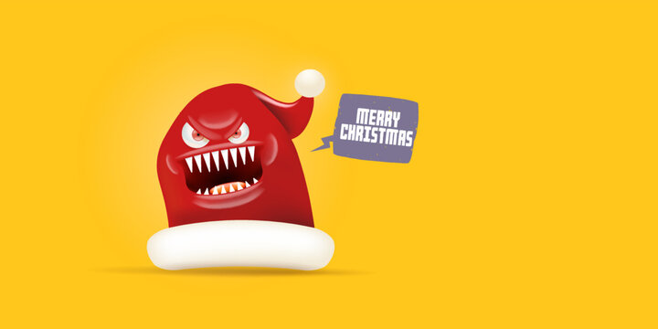 Vector cartoon monster Santa Claus red hat with grinch face isolated on orange horizontal background. Merry Christmas greeting card or banner with funny crazy monster Santa Claus hat. Santa hat